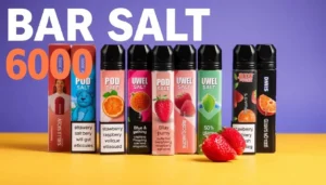 Close-up image of a Bar Salt 6000 disposable vape device with colorful packaging and flavors, featuring prominent branding from manufacturers like Pod Salt and Uwell.