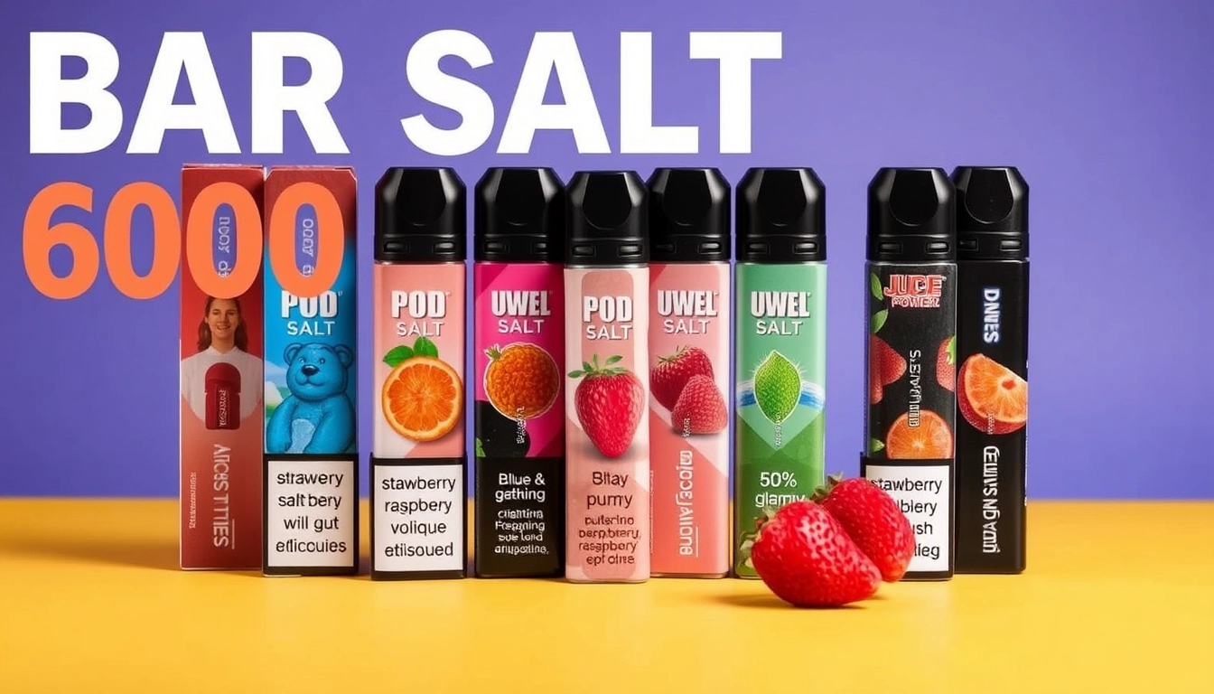 Close-up image of a Bar Salt 6000 disposable vape device with colorful packaging and flavors, featuring prominent branding from manufacturers like Pod Salt and Uwell.